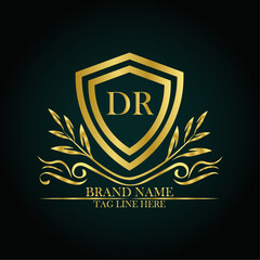 DR luxury letter logo template in gold color. Elegant gold shield icon. Modern vector Royal premium logo template vector