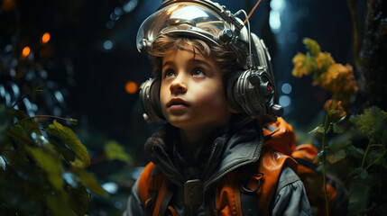 Imaginative Portrait of a Child Dressed as an Intergalactic Explorer, Embarking on a Backyard Galactic Adventure with a Toy Telescope
