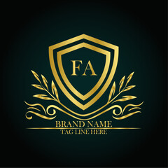 FA luxury letter logo template in gold color. Elegant gold shield icon. Modern vector Royal premium logo template vector