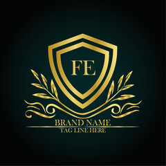FE luxury letter logo template in gold color. Elegant gold shield icon. Modern vector Royal premium logo template vector