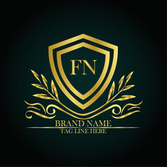 FN luxury letter logo template in gold color. Elegant gold shield icon. Modern vector Royal premium logo template vector