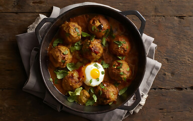 Capture the essence of Moroccan Meatball and Egg Tagine in a mouthwatering food photography shot - obrazy, fototapety, plakaty