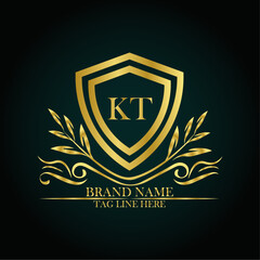 KT luxury letter logo template in gold color. Elegant gold shield icon. Modern vector Royal premium logo template vector