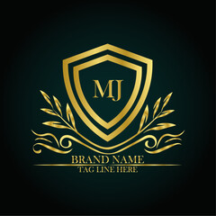 MJ luxury letter logo template in gold color. Elegant gold shield icon. Modern vector Royal premium logo template vector