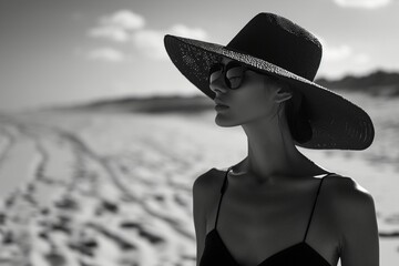 A beach scene reminiscent of the 1970s unfolds in a captivating wide-angle black and white photograph, showcasing the allure of an attractive woman