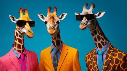 Tres girafas antropomórficos vestidos como astros do Rock e do Pop - Papel de parede