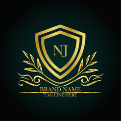 NJ luxury letter logo template in gold color. Elegant gold shield icon. Modern vector Royal premium logo template vector