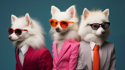 Tres raposas albinas antropomórficos vestidos como astros do Rock e do Pop - Papel de parede