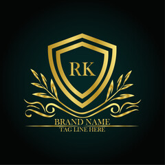 RK luxury letter logo template in gold color. Elegant gold shield icon. Modern vector Royal premium logo template vector