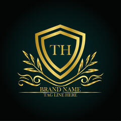 TH luxury letter logo template in gold color. Elegant gold shield icon. Modern vector Royal premium logo template vector