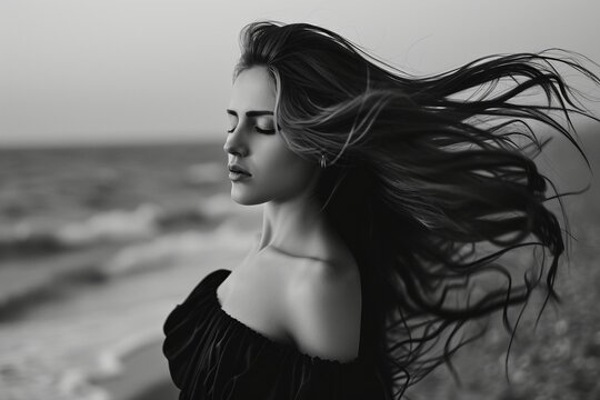 In the style of 1970s glamour, an attractive woman is elegantly portrayed on the beach in a wide-angle black and white composition