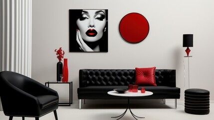 A living room with a couch, chair, table and pictures on the wall