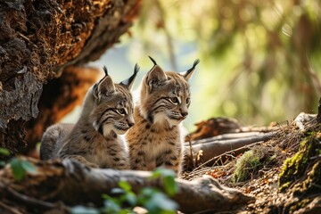 Naklejka na ściany i meble Curious Lynx Cubs in the Wild: Siblings Camouflaged Amongst the Forest Flora