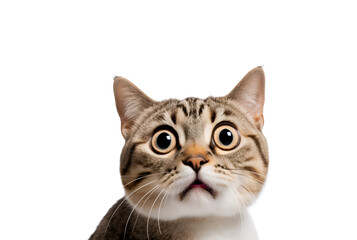Crazy cat’s close-up reveals big eyes filled with surprise, Isolated on Transparent Background, PNG