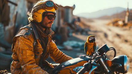 Adventurous Journey: Middle Eastern Man Cruising on a Motorcycle with a Lively Pet Parrot Perched on Their Shoulder, Infusing the Open Road with Humor and a Dash of Whimsical Charm.