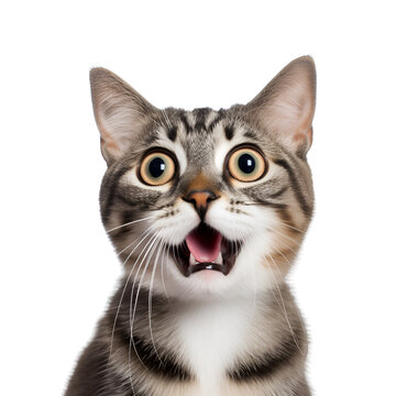Astonished cat with big eyes gives a close-up of its crazy surprise, Isolated on Transparent Background, PNG