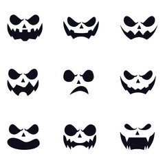Collection of black silhouettes of evil emotions for pumpkin. Modern international holiday Halloween. Web design concept.