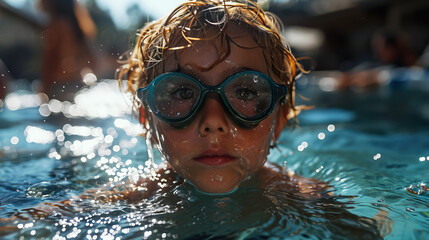 Fototapeta premium Aquatic Joy: Kid Wearing Swimming Goggles Enthusiastically Swimming in an Outdoor Pool of Crystal-clear Water, Embracing the Refreshing Delight of a Splashing Adventure.