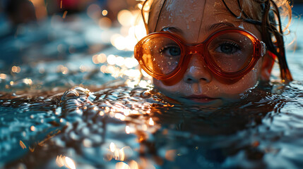 Aquatic Joy: Kid Wearing Swimming Goggles Enthusiastically Swimming in an Outdoor Pool of Crystal-clear Water, Embracing the Refreshing Delight of a Splashing Adventure. - obrazy, fototapety, plakaty