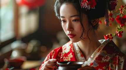Japanese Geisha Serving Tea in a Traditional Red Robe, Radiating Grace and Elegance in a Moment Captured with Timeless Beauty. - obrazy, fototapety, plakaty