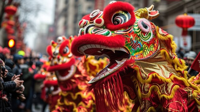 Lion Dance Performer Celebrating Chinese New Year: Vibrant and Energetic Display of Traditional Cultural Art in Festive Atmosphere