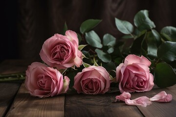 close-up of pink roses on wooden table, ai generated. Generative AI