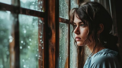 Woman looking out a window on a gloomy, overcast day, raining