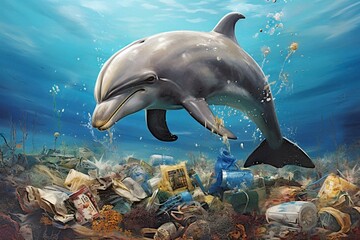 Dolphin beneath ocean's trash. Protecting nature. Generative AI