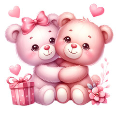 Watercolor Valentine Couple Teddy Bear Clipart for Valentine’s Day Cards, Wedding Invitations, Scrapbooking, social media, AI Generated.