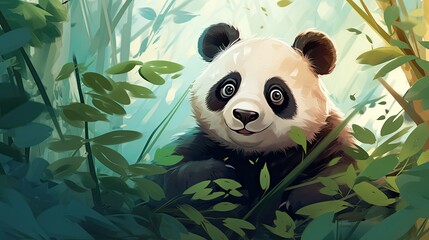 Cute cartoon drawn panda in the bamboo forest. Children illustration. 