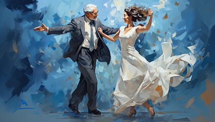 Senior couple dancing on a blue background. 