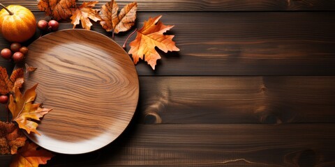 plate with silverware on wooden table with autumn leaves - obrazy, fototapety, plakaty