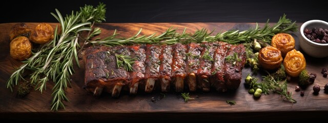 Ribs on a slate plate with herbs.