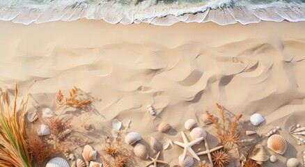 Fototapeta na wymiar Sand, sea shells and grass on a tropical beach minimalist background