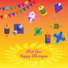 Uttarayan Unleashed: Colorful Kites Adorn the Sky, Embrace the spirit of Makar Sankranti with this vibrant vector. Soar in the orange sky. Spools of thread (manja) on both side hint at the kite-flying