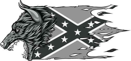 monochromatic Head of Aggressive Wolf woth confederate flag - obrazy, fototapety, plakaty