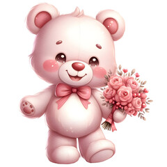 Cute Teddy Bear with flower bouquet PNG Clipart, AI Generated.