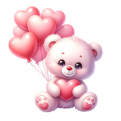Watercolor Valentine Cute Teddy Bear With Heart Shaped Red Balloons Clipart PNG Graphic, AI Generated.