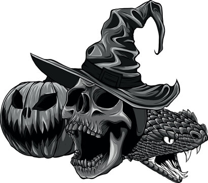 monochromatic halloween cute wizard skull head with pumpkin and snake