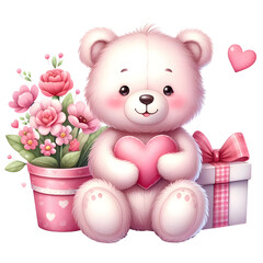 Valentine teddy bear holding heart with gift box and flower pot png graphic