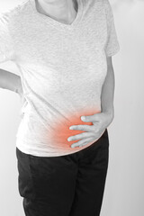 Woman suffering from stomachache. Chronic gastritis, menstruation and health concept.