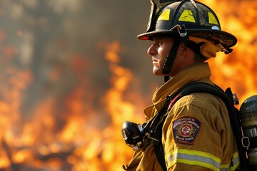 A heroic firefighter takes center stage amidst the backdrop of roaring flames, illustrating the fearless spirit and readiness to confront the heat of emergencies. - obrazy, fototapety, plakaty