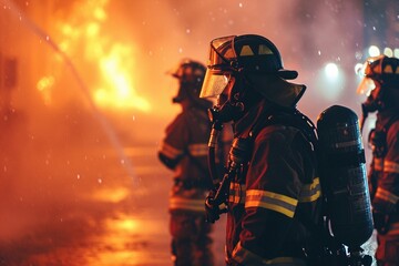 A heroic firefighter takes center stage amidst the backdrop of roaring flames, illustrating the fearless spirit and readiness to confront the heat of emergencies.