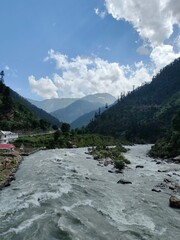 Landscape with lake, river, and mountains. Nature 