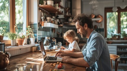 Balancing Work and Life at Home: parent working on a laptop at a kitchen table while children play nearby - Powered by Adobe