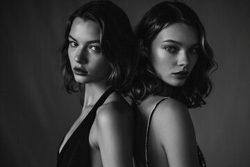 Naklejka premium A wide-angle shot captures the essence of vintage allure as two attractive models stand back to back, facing the camera, evoking a timeless charm in a retro black and white 70's style