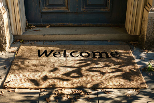sophisticated photo featuring a classic font spelling "Welcome" on a neutral-toned mat, emphasizing the timeless elegance of a well-chosen entrance accessory. Minimalistic photo
