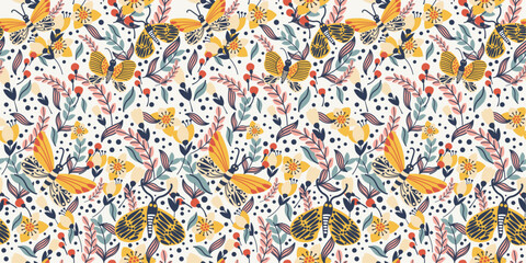 Butterflies and flowers wallpaper. Bright and stylish textile pattern. Vector seamless pattern for printing.