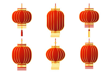 Fototapeta na wymiar Set of colorful red Chinese lanterns with golden dragons and ornaments. Decor elements, vector