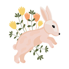 Cute Easter Bunny in spring flowers on a white background. Holiday print, illustration, postcard, vector